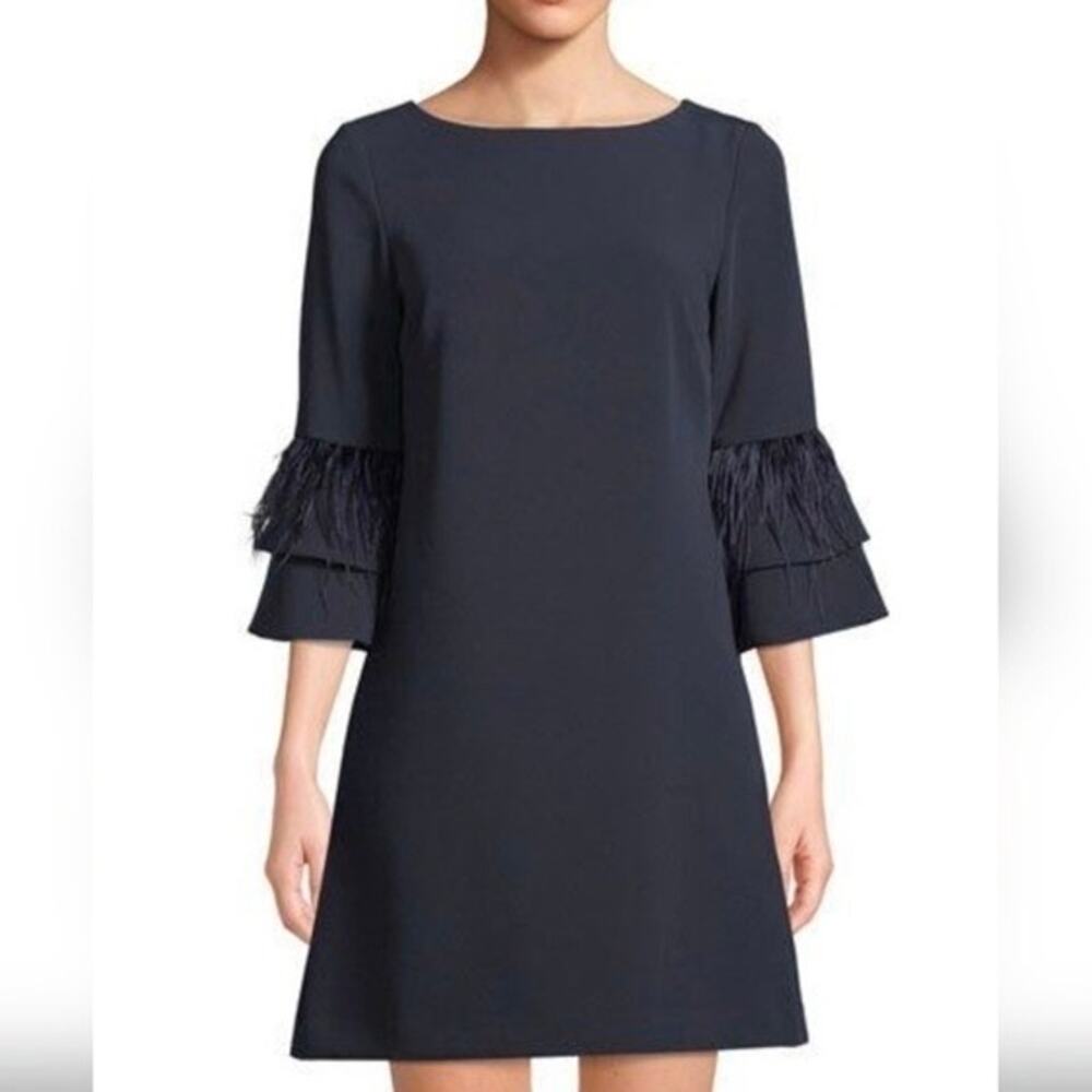 NWT Tahari Navy Feather Trim Bell Sleeve Shift Dress Size 4